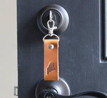 Load image into Gallery viewer, Mermaid and Sailor | Maine Me State Silhouette Brown Leather Keychain Handmade In
