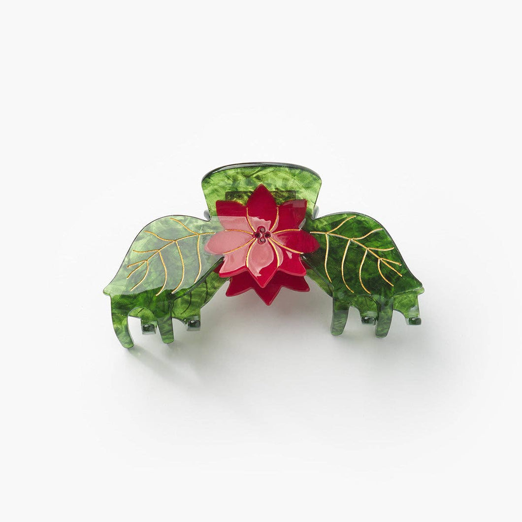 Poinsettia Red and Green Acetate Christmas Flower Hair Claw