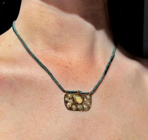 Sky Eyes | Necklace, Half Moon Opal + Diamond Medallion on Handmade Silk Cord